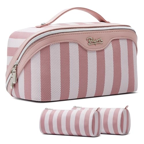 BOYATU Travel Makeup Bag Cosmetic Bag for Women: 3 Pcs Set Striped Make up Bag with Compartments - Waterproof Vegan Leather Toiletry Bags with Handle - Makeup Organizer for Travel Essentials(A-3-Pink) - color: A-3-Pink