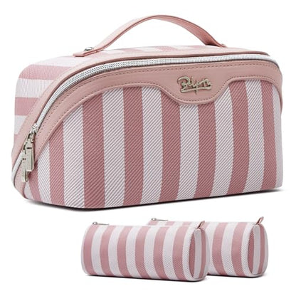 BOYATU Travel Makeup Bag Cosmetic Bag for Women: 3 Pcs Set Striped Make up Bag with Compartments - Waterproof Vegan Leather Toiletry Bags with Handle - Makeup Organizer for Travel Essentials(A-3-Pink) - color: A-3-Pink