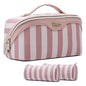 BOYATU Travel Makeup Bag Cosmetic Bag for Women: 3 Pcs Set Striped Make up Bag with Compartments - Waterproof Vegan Leather Toiletry Bags with Handle - Makeup Organizer for Travel Essentials(A-3-Pink) - color: A-3-Pink
