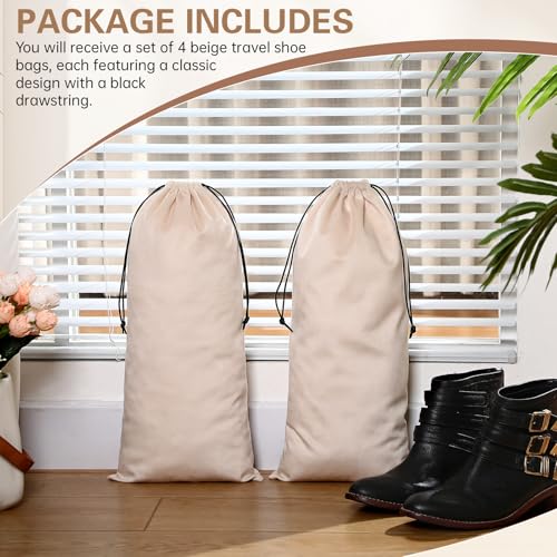 Amylove 4 Pcs Flannel Cloth Shoe Bags for Travel, 8 x 17 Inches Dust Pouch with Drawstring Closure, Washable Breathable Cotton Fabric for Luggage(Beige) - color: Beige