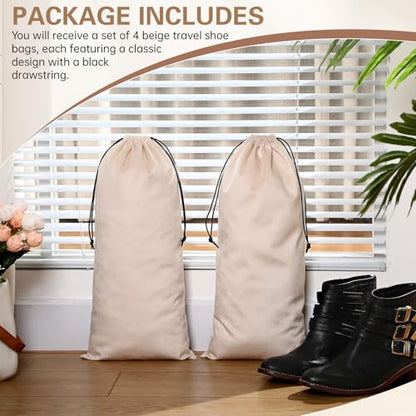 Amylove 4 Pcs Flannel Cloth Shoe Bags for Travel, 8 x 17 Inches Dust Pouch with Drawstring Closure, Washable Breathable Cotton Fabric for Luggage(Beige) - color: Beige