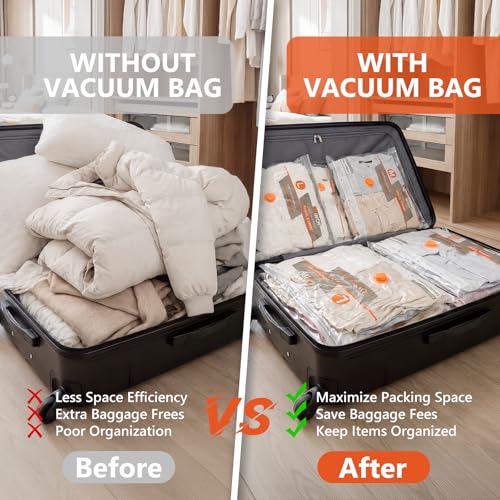 NESCCI Vacuum Bags for Travel with Rechargeable Air Pump,Carry-on Size Compression Packing Bags for Luggage and Suitcase,Space Saver for Clothes 48 Pcs Combo Travel Size - size: 48 Combo Size (Orange)
