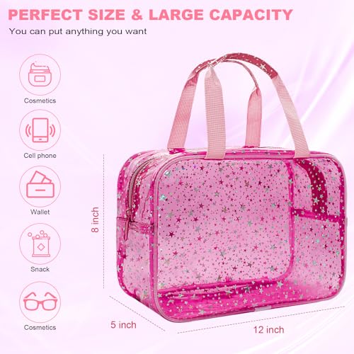 Clear Red Star Large Makeup Bag with Star Pattern 12x5x8 inch, Travel Cosmetic Bag with Handle, Durable PVC Material Washbag Zipper Opening Design for Makeup Travel Organizer or Gym Use - color: Red, style: Star