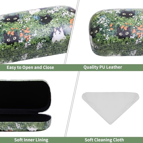 PERFECTSIGHT Sunglasses Case, Large Hard Shell Glasses Case, Cute PU Leather Protective Eyeglasses Case for Women Men - color: Green Cat