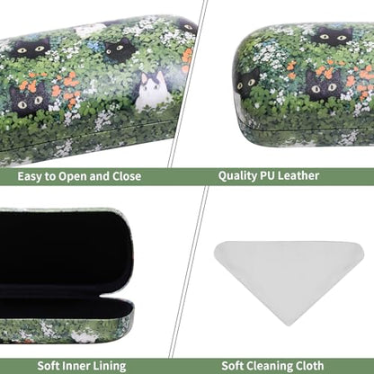 PERFECTSIGHT Sunglasses Case, Large Hard Shell Glasses Case, Cute PU Leather Protective Eyeglasses Case for Women Men - color: Green Cat