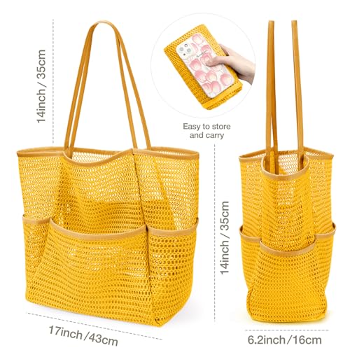 KPX Beach Bag with Mini Pocket, Summer Beach Tote Bags for Women Large Foldable Mesh Swimming Pool Travel Bags - Sandproof - color: Orange