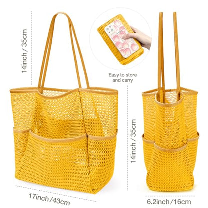 KPX Beach Bag with Mini Pocket, Summer Beach Tote Bags for Women Large Foldable Mesh Swimming Pool Travel Bags - Sandproof - color: Orange