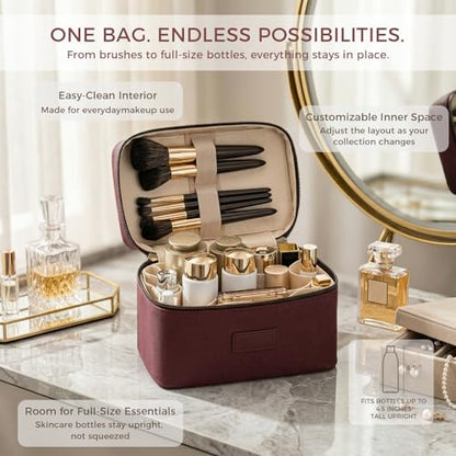 Makeup Bag Vanity Case for Women – Portable Cosmetic Bag Makeup Bag Organizer Travel Toiletry Bag with Removable Divider - color: Burgundy