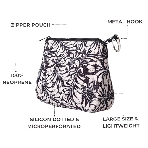 POPUPS Large Makeup Bag with Zipper - Waterproof Neoprene Cosmetic Bag 7.7 x 10.75 x 5 inches - color: Print Palm Dreams Black