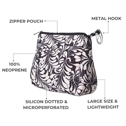 POPUPS Large Makeup Bag with Zipper - Waterproof Neoprene Cosmetic Bag 7.7 x 10.75 x 5 inches - color: Print Palm Dreams Black