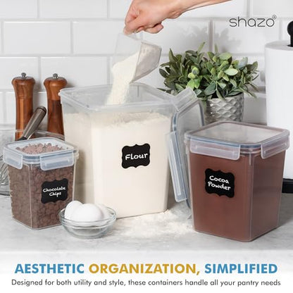 Shazo Flour Sugar Storage Containers Set of 3 (6L, 2.9L, 1.1L) Large Airtight Food Storage Containers with Lids, BPA-Free Plastic Container for Kitchen & Pantry Organizers, Cereal, Rice & Pasta