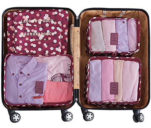 Mossio 7 Set Packing Cubes with Shoe Bag - Travel Carry On Luggage Organizer - color: Wine Flower