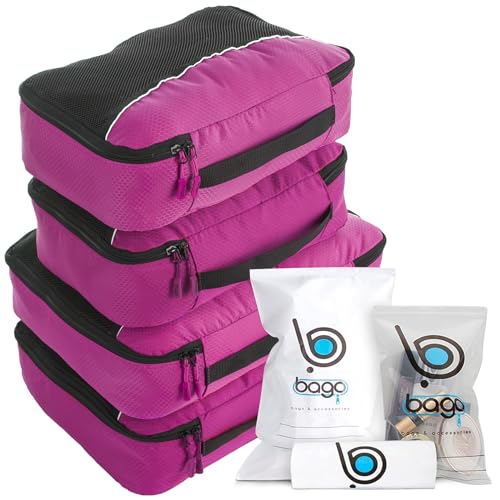bago 7 Pcs Packing Cubes for Suitcases - 4 Travel Cubes with 3 ZipLock Bags - Luggage Organizer Bags to Get Maximum Storage, Save Time & Effort to Pack - Happy Traveling (Pink) - color: Pink, size: 4pcs Set