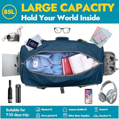 Canway 85L Travel Duffel Bag, Foldable Weekender Bag with Shoes Compartment for Men Women Water-proof & Tear Resistant - color: Aegean Blue, size: 85L