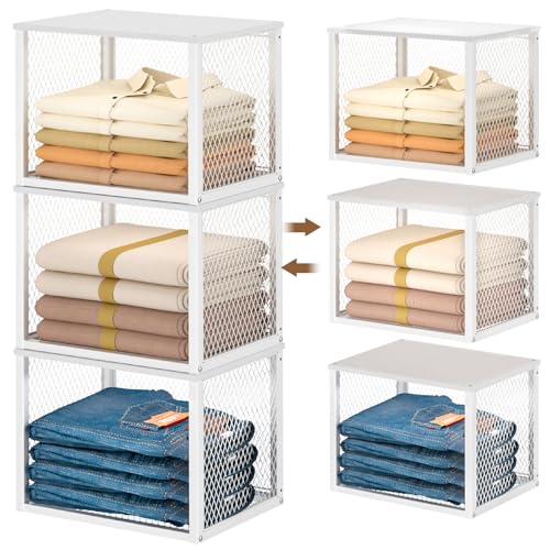 3 Pack Stackable Closet Organizers and Storage Basket, Closet Shelves with Wood Top Extra Storage, Multifunctional Clothes Organizer Bins/Cube Storage Drawer for Wardrobe Kitchen Laundry Room, White - color: White
