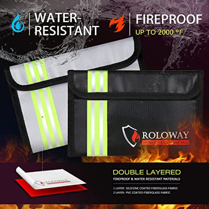 ROLOWAY Small Fireproof Bag (5 x 8 inches) with Reflective Strip, Fireproof Money Bag for Cash, Valuables, Passport, Currency & Keys (2-Pack) - size: 8 x 5 inch, style: Silver & Black With Reflective Strip