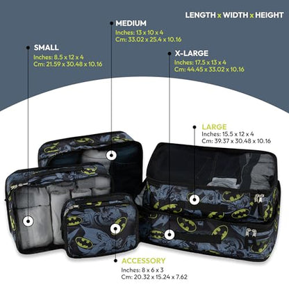 DC Comics Batman Packing Cubes - 5 Piece Travel Essentials Luggage Organizer - Suitcase Bags - Batman, Superman, Joker Cube Set for Kids, Teens Adults