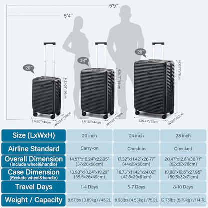 HanTrip Hard Shell Suitcases 24 Inch Check in Luggage with Spinner Wheels Cup Holder, Lightweight Top Opening Expandable Luggage Hard Case Rolling Medium Checked Suitcase with Lock, Black - color: Black, size: Expandable 24 Inch