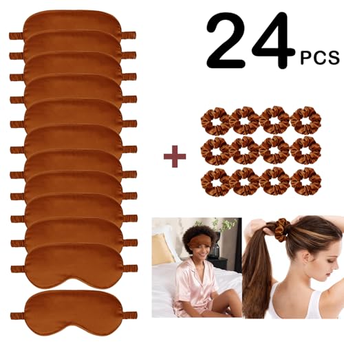 24Pcs Satin Eye Mask Silk Sleep Masks Silky Eyes Cover Blackout Blindfold Eyeshade Scrunchies Hair Ties Travel Wedding Gift - color: Maple