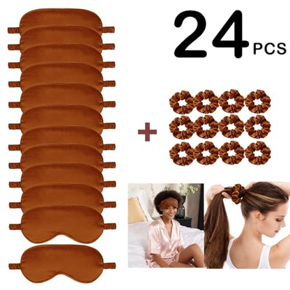 24Pcs Satin Eye Mask Silk Sleep Masks Silky Eyes Cover Blackout Blindfold Eyeshade Scrunchies Hair Ties Travel Wedding Gift - color: Maple
