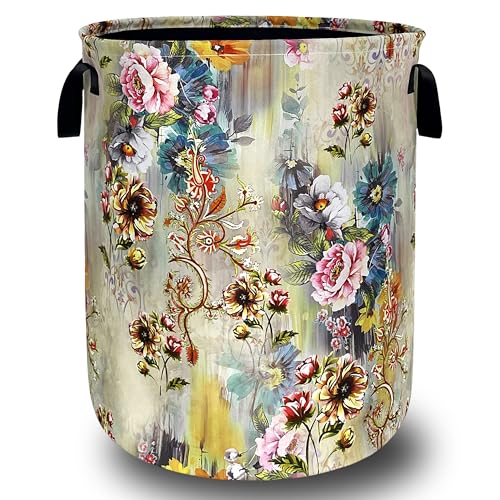 Beautiful Floral Laundry Basket Oxford Cloth Colorful Flowers Laundry Hamper With Handle Foldable Portable Clothes Storage Basket Funny Laundry Bag 18.9"x16.5" For Laundry Room/Bedroom/Bathrooms - color: Beautiful Floral Flower