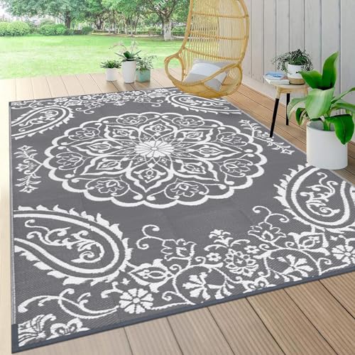 Pauwer Waterproof Outdoor Rug 5x8, Reversible Plastic Straw Patio Camping Rug, Indoor Outdoor RV Mat Carpet for Deck, Camper, Porch, Balcony, Backyard, Picnic, Boho Grey - color: Boho Grey, size: 5' x 8' (Rectangular)