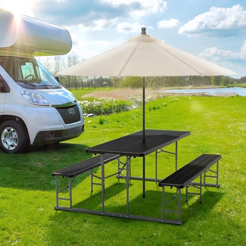 VINGLI Folding Picnic Table and Bench Set, Portable Outdoor Dining Furniture for Camping, Patio, Backyard, Wood Grain Plastic Top with Metal Frame with Kaqi Umbrella - color: Black, style: Standard