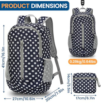 ZOMAKE Ultra Lightweight Packable Backpack 25L - Foldable Hiking Backpacks Water Resistant Small Folding Daypack for Travel(Navy Blue,White polka dots) - color: Navy Blue,white Polka Dots