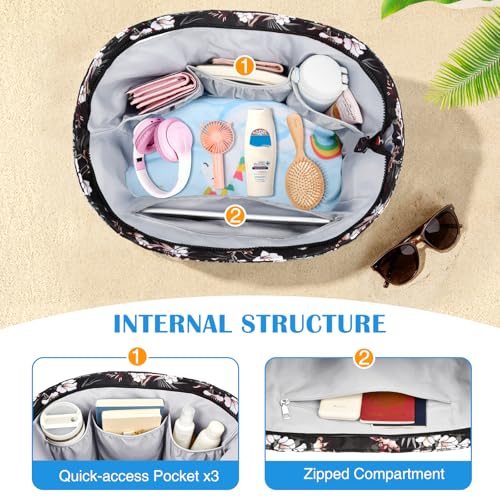 HUANLANG Large Beach Bags for Women Pool Bag with Zipper, Waterproof Sandproof Beach Tote Travel Bag with Wet Pocket - color: Black Floral