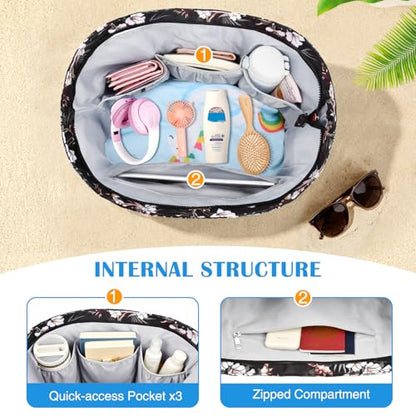 HUANLANG Large Beach Bags for Women Pool Bag with Zipper, Waterproof Sandproof Beach Tote Travel Bag with Wet Pocket - color: Black Floral
