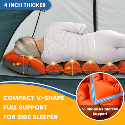 4-Inch Thick Camping Sleeping Pad with Foot Pump & Pillow, Inflatable Sleeping Mat for Side Sleepers, Stays Firm Overnight, Ultralight for Backpacking, Music Festivals & Car Camping - color: Orange+gray