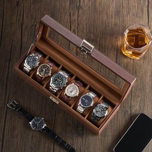 ProCase 6 Slot Watch Case Box for Men, PU leather Man Watch Organizer with Soft Pillow, Lockable Watch Collection Storage Holder with Glass Display Lid, Fathers Day Gift for Dad -Espresso - color: Espresso, size: 6-Slot