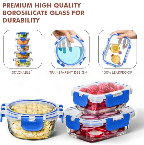 Razab 30 PC Glass Food Storage Containers with Lids - Reusable Glass Meal Prep Containers for Lunch and Leftovers - Airtight & Leakproof Snap Locking Lids - Oven, Freezer, Microwave, Dishwasher Safe - color: Blue