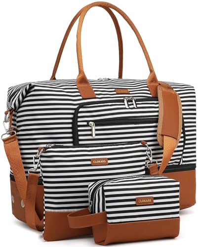 Weekender Bags for Women Travel, Under Seat Carry On Bags for Airplanes Overnight Bag with Shoe Compartment Luggage Sleeve, Foldie Travel Tote Bag Hospital Bag, Travel Gifts, Black Strip - color: Black Strip, size: Medium