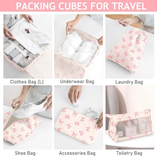 KPX 8 Set Packing Cubes for Travel, Luggage Packing Organizers Accessories Large Toiletries Bag for Clothes Shoes Cosmetics (8Set-Pink Bow) - color: 8Set-Pink Bow