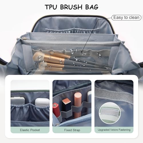 BOYATU Travel Makeup Bag Cosmetic Bag for Women: 3 Pcs Set Striped Make up Bag with Compartments - Waterproof Vegan Leather Toiletry Bag with Handle - Makeup Organizer for Travel Essentials(A-2-Green) - color: A-2-Green