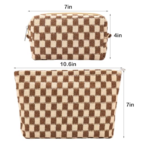 ZLFSRQ 2Pcs Checkered Makeup Bag for Women Large Small Checkered Cosmetic Bag Set Aesthetic Preppy Pencil Case Cute Pencil Pouch Brown Makeup Pouch for Purse Travel Toiletry Bags Zipper Skincare Bags - color: B-Checkered 2Pcs Mix Brown