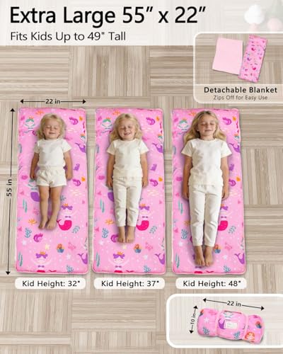 Primlect Toddler Nap Mat Extra Large Thickened 55''x35'', Soft Sleeping Bag with Detachable Minky Blanket and Pillow, Portable for Daycare, Preschool, Kindergarten, Travel, Boys and Girls - color: Pink Mermaid