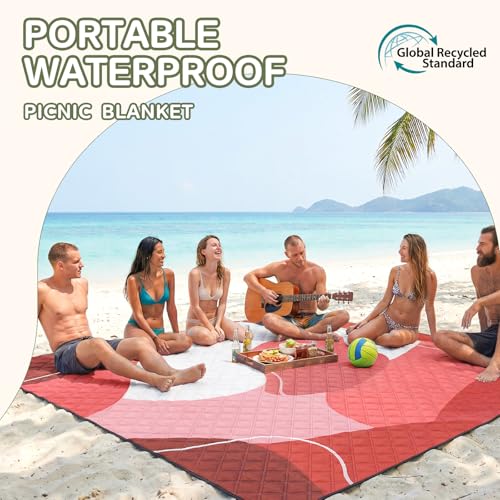 Genovega Waterproof Sandproof Beach Blanket Picnic Outdoor Camping Mat Rug Towel Oversized Extra Large Foldable Sand Free Resistant XL Giant Hawaii Honeymoon Essentials Summer Must Have Vacation Gift - color: Wave Red