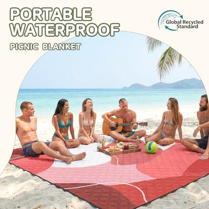 Genovega Waterproof Sandproof Beach Blanket Picnic Outdoor Camping Mat Rug Towel Oversized Extra Large Foldable Sand Free Resistant XL Giant Hawaii Honeymoon Essentials Summer Must Have Vacation Gift - color: Wave Red