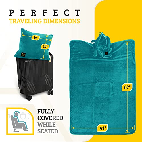 Travel Blanket Airplane Compact with Hoodie – 2in1 Airplane Travel Accessories from Plane Blanket to Travel Pillow with Luggage Strap, Soft Handle & Secure Pocket - color: Teal, size: 62x41''
