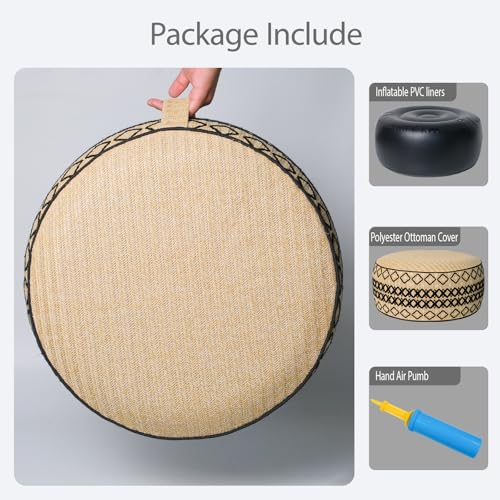 Outdoor Inflatable Ottoman with Air Pump, Embroidery Patio Footrest Stool D21”x H9”, Round Pouf Ottoman with Portable Handle Suitable for Garden, Camping, Bedroom, Living Room - color: Black Embroidery