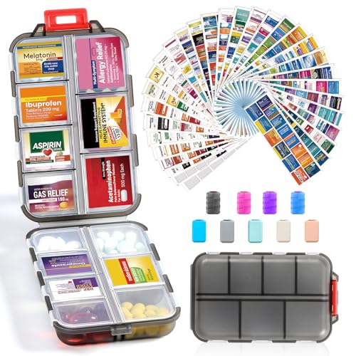 14 Grids Travel Pill Organizer Box with 415-Pcs Medicine Name Labels - Pocket Daily Pharmacy Case Container Kit - Travel Medication Holder Dispenser for Fish Oil Vitamin Supplement Storage -Clear Grey - color: Clear-grey, size: with Bulk Med Labels