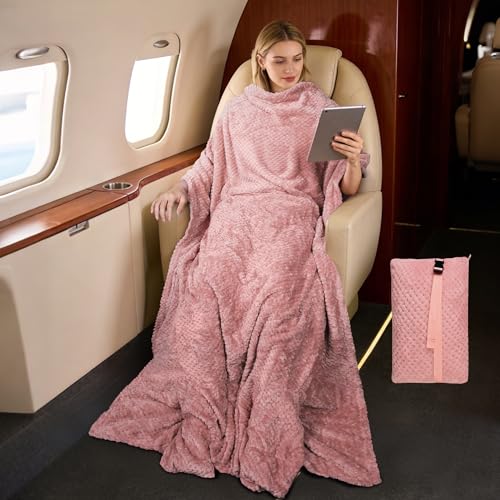Tirrinia Travel Blanket and Pillow Set, Soft Compact Airplane Blanket with Foot Pockets, 4-in-1 Travel Essentials for Women Men, Portable Travel Gifts for Her, Travel Blanket for Airplanes, Cars - color: Pink Honeycomb