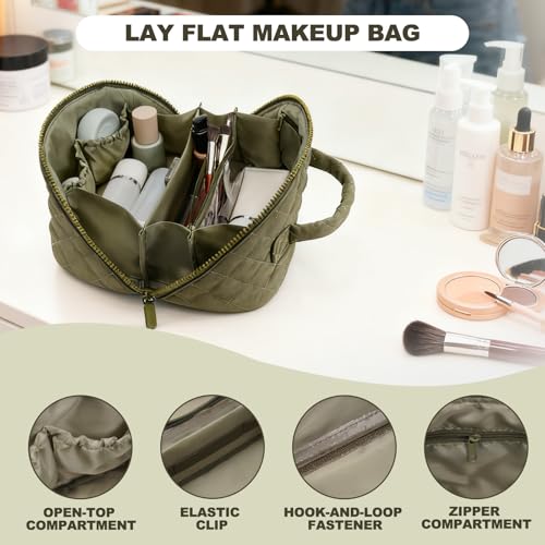 Makeup Bag,Quilted Puffer Cosmetic Bags,Travel Toiletry Bag for Women,Large Capacity Waterproof Make up Bag Set - color: Green, size: Large