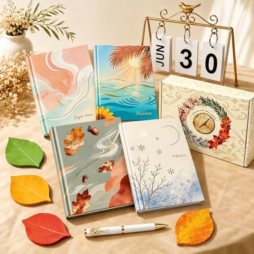 Premium Four Seasons Journal Gift Set, 4 A5 Hardcover Notebooks with Metal Bird Perpetual Calendar, Pen & Leaf Sticky Notes, Memory Keeping & Reflection Elegant Gift Box for Women, Teachers, Moms, Office Desk Decor (Verdant) - color: Verdant