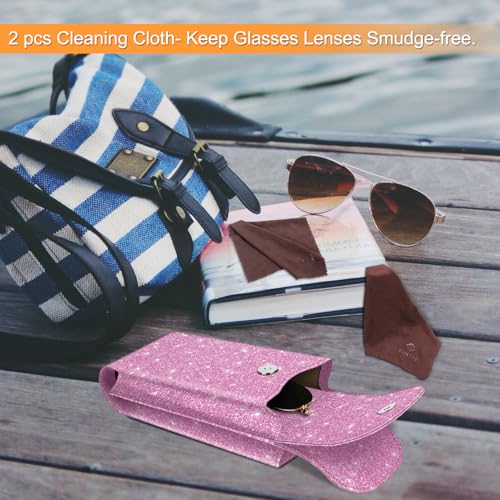 FINTIE Double Glasses Case with Carabiner Hook, Portable Vegan Leather Eyeglass Case Anti-scratch Sunglasses Pouch - color: Glittering Purple