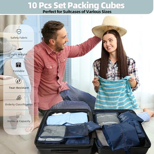 10 Pcs Set Packing Cubes - Travel Packing Organizers, Expandable Suitcase Organizer, Luggage Organizer Bags - color: DARK BLUE