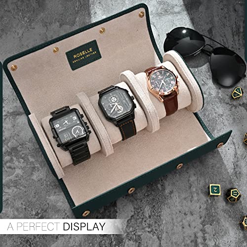 ROSELLE Genuine Leather Watch Roll Travel Case - Watch Roll Case For 3 Watches With Luxury Lining - Protect, Travel,Store, & Display Fine Watches (3 slot Green) - color: Green/ White-3