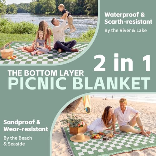 2 in 1 Extra Large Outdoor Rug Picnic Mat Woven Summer Throw Blanket Boho Giant Beach Travel Essential Yoga Accessories Park Patio Lawn Garden Grass Ground Play Music Festival Concert Must Have - color: Checkered Green